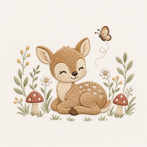 Peut inclure: Un motif de broderie représentant un faon brun clair au repos parmi des feuillages verts, des fleurs blanches et deux champignons à chapeau rouge. Un petit papillon brun est placé au-dessus du faon avec une traînée pointillée.