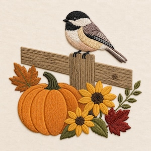 May include: An embroidery design featuring a black-capped chickadee perched on a brown wooden fence rail. Below the fence is an orange pumpkin, two yellow sunflowers with dark centers, green leaves, and two maple leaves in orange and red.