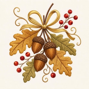 May include: An embroidery design featuring three brown acorns with textured caps, surrounded by golden yellow and olive green oak leaves, red berries on thin stems, and a central golden ribbon tied in a bow with decorative swirling flourishes.