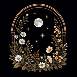 Moon Garden Embroidery Design, Celestial Floral Arch Machine Embroidery, Botanical Digital Download