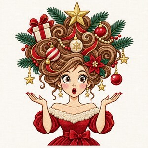May include: An illustration of a person with brown hair styled in an elaborate updo decorated with a gold star, red and white ornaments, a gift box, pine branches, and red berries. The person wears a red dress with a white faux fur trim.