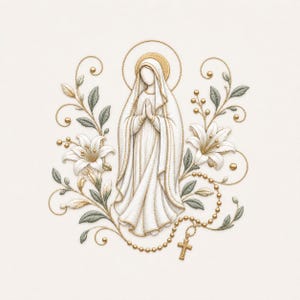 May include: A white and gold illustration of a figure in a hooded robe with hands clasped in prayer, surrounded by white lilies, green leaves, and gold swirling vines. A gold rosary with a cross hangs from the floral arrangement.