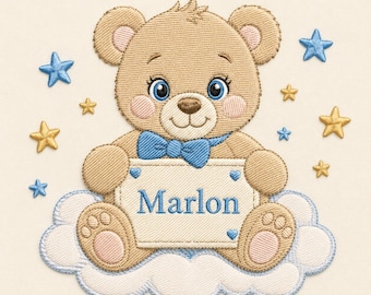 Custom Teddy Bear Embroidery Design, Baby Name PES DST File, Nursery Decor