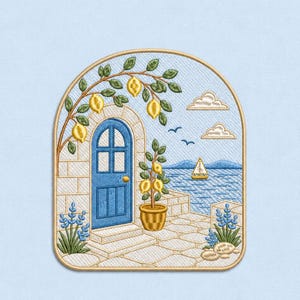 May include: An embroidered patch featuring a coastal scene with a blue door, a stone patio, and a lemon tree. The design includes yellow lemons, green leaves, blue flowers, and a sailboat on the water under a light blue sky with two clouds.