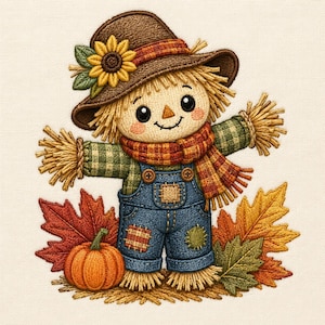 May include: An embroidered scarecrow design featuring a brown hat with a yellow sunflower, a green plaid shirt, a red plaid scarf, and blue denim overalls with patches. The figure stands amidst orange, red, and green autumn leaves and a pumpkin.