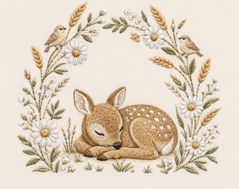 Sleeping Fawn Floral Wreath Embroidery File, Baby Deer Bird Machine Embroidery Design, Digital Download
