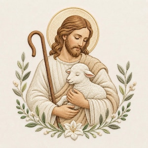 May include: An embroidered image of a figure with long brown hair, a beard, and a halo, holding a lamb. The figure wears a white robe and a tan shawl. A shepherd's staff is visible. The image is surrounded by a wreath of green leaves and white flowers.
