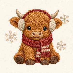 May include: An embroidered illustration of a fluffy brown Highland calf wearing red earmuffs and a matching red and white knit scarf. The calf has small horns and is surrounded by three white embroidered snowflakes on a plain off-white background.