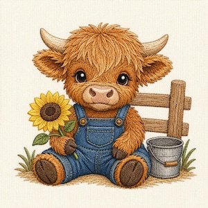 Borduurpatroon van een Schotse hooglandkoe, ontwerp met zonnebloemen en overall, digitaal borduurwerk van boerderijdieren (PES, JEF, EXP)