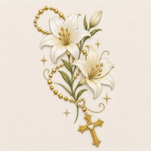 Puede incluir: Diseño bordado con lirios blancos, hojas verdes y un rosario dorado con un colgante de cruz. El diseño incluye cuentas doradas, acentos de estrellas y un conector en forma de corazón. El tema general es religioso y floral.