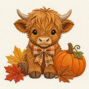 May include: An embroidery design featuring a fluffy brown Highland cow with curved horns, wearing a plaid bow tie. The cow is surrounded by orange and yellow autumn maple leaves and a round orange pumpkin with a green stem and curly vine.