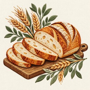 Könnte beinhalten: Ein Stickmotiv mit einem goldbraunen Brotlaib und drei Scheiben auf einem hölzernen Schneidebrett, verziert mit detaillierten grünen Blättern und Weizenähren in Gelb- und Beigetönen auf einem cremefarbenen Hintergrund.