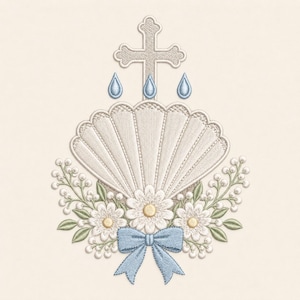 Op de afbeelding: Een borduurontwerp met een centrale gebroken witte sint-jakobsschelp bekroond met een kruis en drie lichtblauwe tranen. Onder de schelp bevinden zich drie witte madeliefjes met gele harten, groene bladeren, kleine witte bessen en een lichtblauwe strik.