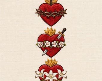 Sacred Hearts Embroidery Design Set, Religious Christian Machine File (5 Sizes)