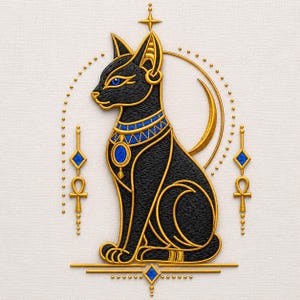May include: An embroidered design of a black cat in profile, featuring bright blue eyes and gold outlines. The cat wears a blue and gold collar with a central blue oval pendant. Flanking the cat are gold ankh symbols and a crescent moon shape.