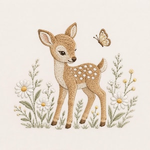 Pode incluir: Um design de bordado apresentando um filhote de cervo castanho-claro com manchas brancas, em pé entre flores de margarida brancas e folhagem verde. Uma pequena borboleta bege está posicionada acima do cervo, tudo com pontos detalhados.