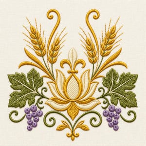 Op de afbeelding: Een borduurontwerp met een centrale crème en goudkleurige lotusachtige bloem, geflankeerd door groene wijnbladeren en trossen paarse druiven. Gouden korenaren steken omhoog, geaccentueerd door symmetrische groene ranken en decoratieve krullen.