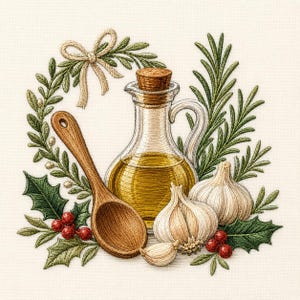 Può includere: Un ricamo raffigurante un'ampolla in vetro riempita di olio dorato, un cucchiaio di legno, due teste d'aglio intere e uno spicchio. La composizione è incorniciata da rametti di rosmarino, foglie di agrifoglio, bacche rosse e un fiocco beige.