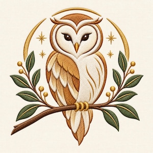 May include: An embroidery design featuring a barn owl perched on a brown branch with green leaves and gold berries. The owl is rendered in shades of white and brown, framed by a gold crescent moon and four-pointed stars on a cream fabric background.
