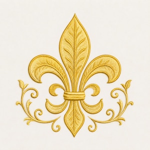 Op de afbeelding: Een gouden fleur-de-lis embleem met ingewikkelde details. Het ontwerp toont een centraal, rechtopstaand bloemblad geflankeerd door twee gebogen bloembladen, met decoratieve krullen aan weerszijden. Het embleem staat tegen een witte achtergrond.
