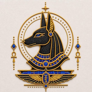May include: A gold and black relief emblem featuring the profile of the Egyptian deity Anubis with bright blue eyes. The design includes a circular frame, two ankh symbols on the sides, and a central winged cartouche with blue accents.