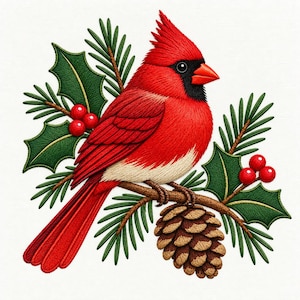 May include: An embroidered patch featuring a vibrant red cardinal bird with a black face mask and orange beak, perched on a brown branch. The design includes green holly leaves, bright red berries, and a brown pinecone with pine needles.