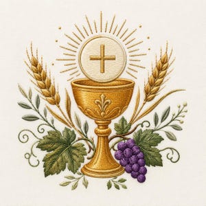 May include: An embroidery design featuring a golden chalice centered below a white communion host with a cross. The chalice is flanked by stalks of wheat and green grape leaves, with a cluster of purple grapes on the right side. Radiant sunburst lines extend upward from the host.