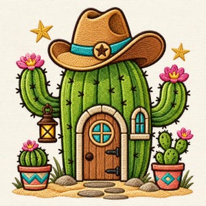 Puede incluir: Un bordado de un cactus verde con forma de casa, con puerta de madera marrón, una pequeña ventana y un farol. El cactus lleva un sombrero de vaquero marrón con una banda azul y una estrella. Flores rosas y dos cactus pequeños en macetas lo rodean.