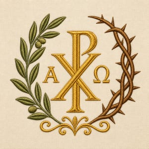 Puede incluir: Un diseño bordado sobre tela color crema que presenta un símbolo Chi Rho dorado central flanqueado por las letras griegas Alfa y Omega. A la izquierda hay una rama de olivo verde y a la derecha una corona de espinas marrón, con volutas doradas debajo.