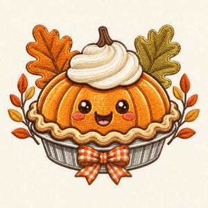 Puede incluir: Un diseño bordado de una tarta de calabaza sonriente con nata montada, un tallo marrón, una corteza naranja y un lazo a cuadros naranja y blanco. La tarta está flanqueada por dos grandes hojas de roble y dos pequeñas ramas con hojas naranjas.
