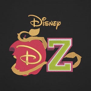 May include: Embroidered design on a black background featuring the word "Disney" in gold script above a red apple with a gold "D" and the letters "DZ" next to a green "Z" with pink trim.