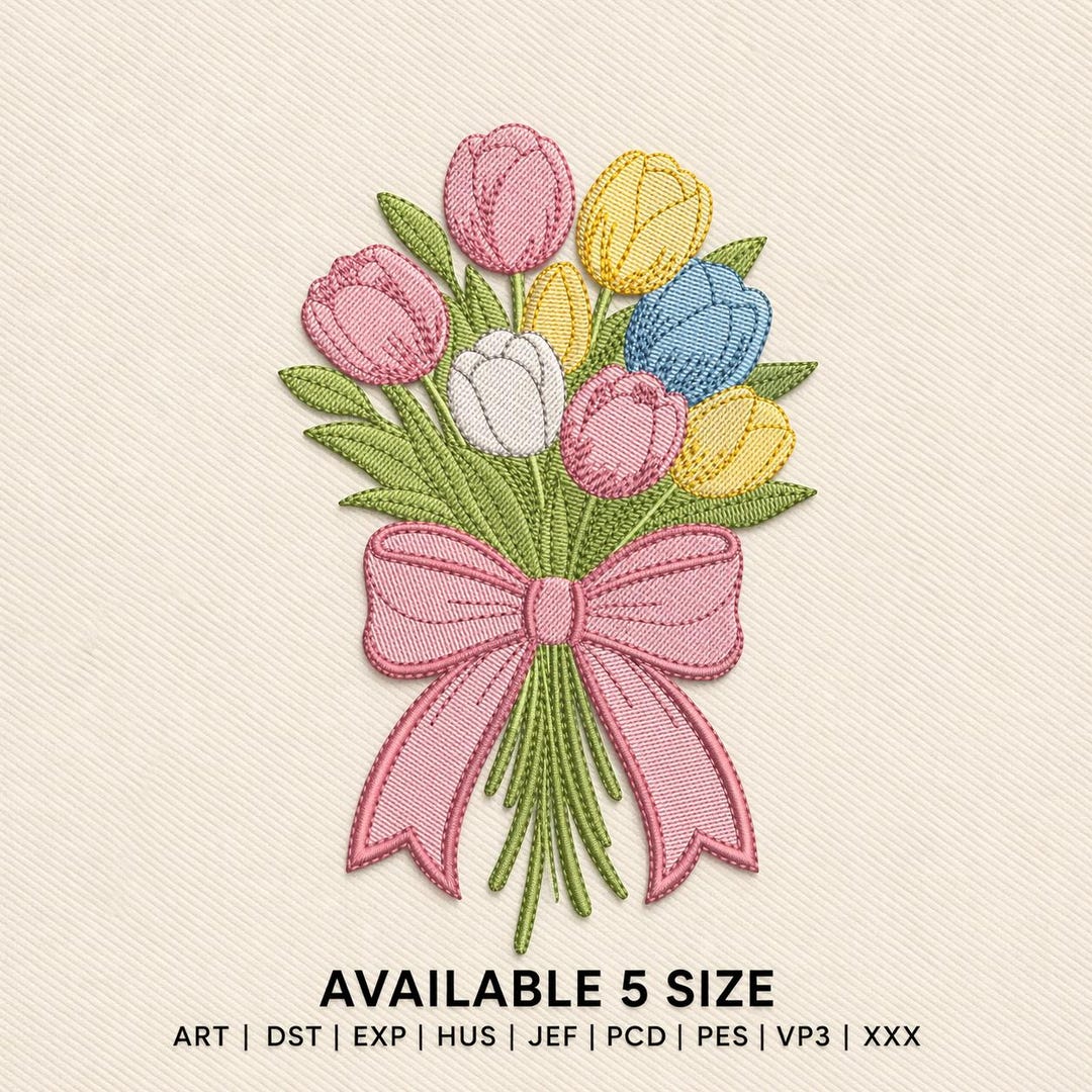 Tulip Bouquet Embroidery Design, Floral Spring Flowers, Bow Ribbon ...