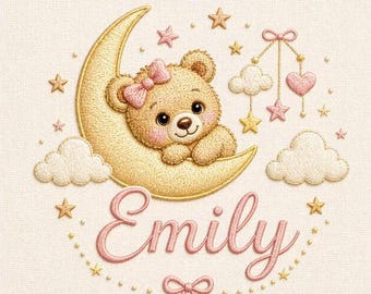 Luna Bear Embroidery Design, Moon Teddy Machine Embroidery File, Baby Girl Nursery (5 Sizes)