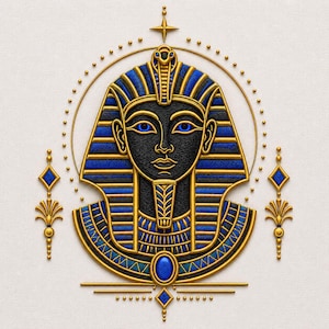 May include: A detailed graphic illustration of an Egyptian pharaoh wearing a traditional nemes headcloth in blue and gold. The pharaoh has a black face with bright blue eyes, a gold beard, and a gold collar. Decorative gold elements surround the figure.