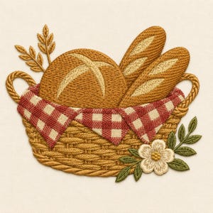 Könnte beinhalten: Ein gesticktes Motiv eines geflochtenen Korbs, gefüllt mit einem runden Laib Brot und zwei Baguettes. Der Korb ist mit einem rot-weiß karierten Tuch ausgelegt und mit Weizenähren sowie einer weißen Blume mit grünen Blättern verziert.
