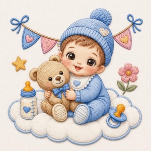 Pode incluir: Um design bordado apresentando um bebé com gorro e roupa azul, abraçando um urso de peluche castanho enquanto está sentado numa nuvem branca. A cena inclui um biberão, uma chupeta, uma estrela amarela, uma flor rosa e bandeirolas.