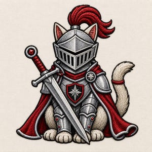 May include: An embroidered patch featuring a cat dressed in silver knight armor with a red cape and a red plumed helmet. The cat holds a silver sword with a red hilt and a star-shaped emblem on the chest plate, all rendered in detailed stitching.