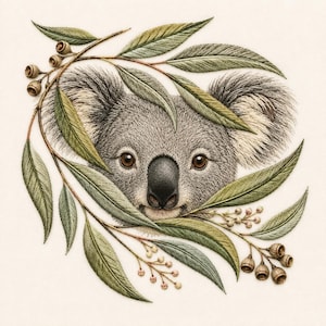 Puede incluir: Una pieza de bordado detallada que muestra la cara de un koala enmarcada por hojas de eucalipto verdes y pequeñas cápsulas de semillas marrones. El koala tiene pelaje gris, ojos marrón oscuro y nariz negra, con texturas de hilo fino.