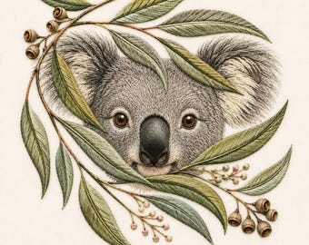 Può includere: Un ricamo dettagliato che raffigura il volto di un koala incorniciato da foglie di eucalipto verdi e piccoli baccelli marroni. Il koala ha una pelliccia grigia, occhi marrone scuro e un naso nero, realizzati con trame di filo sottile.