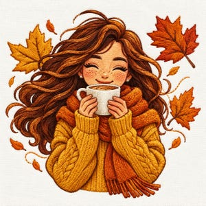 Gemütliches Herbstmädchen-Stickmuster, Herbstpullover mit Ahornblättern, saisonale Kunst, Stickdatei