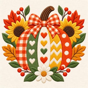 Archivo de bordado a máquina de calabaza patchwork, diseño de cosecha de otoño de girasol, bordado de otoño con lazo de cuadros vichy