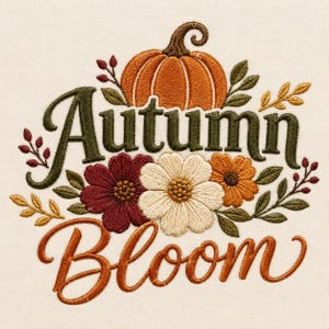 May include: An embroidery design featuring an orange pumpkin at the top, surrounded by green leaves and small red berries. The text Autumn is stitched in dark green, and the word Bloom is stitched in orange cursive below three flowers.