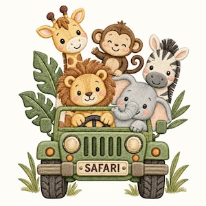 Może przedstawiać: Haftowana naszywka przedstawiająca zielony jeep safari z napisem SAFARI na przednim zderzaku. Żyrafa, małpa, lew, słoń i zebra jadą wewnątrz pojazdu, otoczone zielonymi liśćmi tropikalnymi oraz akcentami w postaci trawy.
