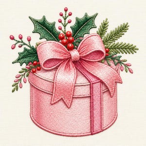 May include: An embroidered design of a round pink gift box tied with a large pink ribbon bow. The top of the box is decorated with green holly leaves, sprigs of pine needles, and clusters of small red berries arranged in a festive holiday display.