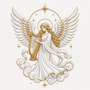 May include: An embroidered image of an angel playing a harp. The angel is depicted in a flowing white gown with large, detailed white wings. The harp and halo are gold, and the angel is standing on a cloud. Stars and a halo surround the angel.
