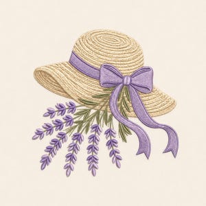 May include: An embroidery design featuring a tan straw hat with a wide brim and a textured weave. A purple ribbon is tied into a bow around the crown, with a cluster of purple lavender sprigs and green stems tucked beneath the bow.