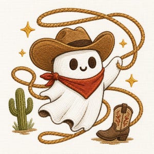 May include: An embroidered design featuring a white ghost wearing a brown cowboy hat and a red bandana, holding a tan lasso. The scene includes a green cactus, a brown cowboy boot, and four small yellow stars on a plain white background.