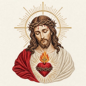 Könnte beinhalten: Gesticktes Bild von Jesus mit Dornenkrone, goldenem Heiligenschein und flammendem Herz mit Kreuz. Die Stickerei verwendet braune, rote und goldene Fäden auf cremefarbenem Hintergrund. Die Figur hat geschlossene Augen und einen friedlichen Ausdruck.