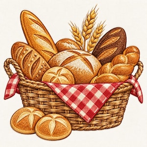 Peut inclure: Une illustration brodée d'un panier en osier rempli de divers types de pains, incluant des baguettes, des miches rondes et des pains tressés, agrémenté d'épis de blé et d'un tissu à carreaux rouges et blancs drapé sur les bords du panier.