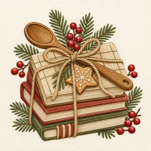Peut inclure: Une broderie représentant une pile de trois livres attachés avec de la ficelle, surmontée d'une cuillère en bois, d'un biscuit en forme d'étoile et de branches de pin avec des baies rouges. Les livres ont des couvertures crème, rouge et verte.